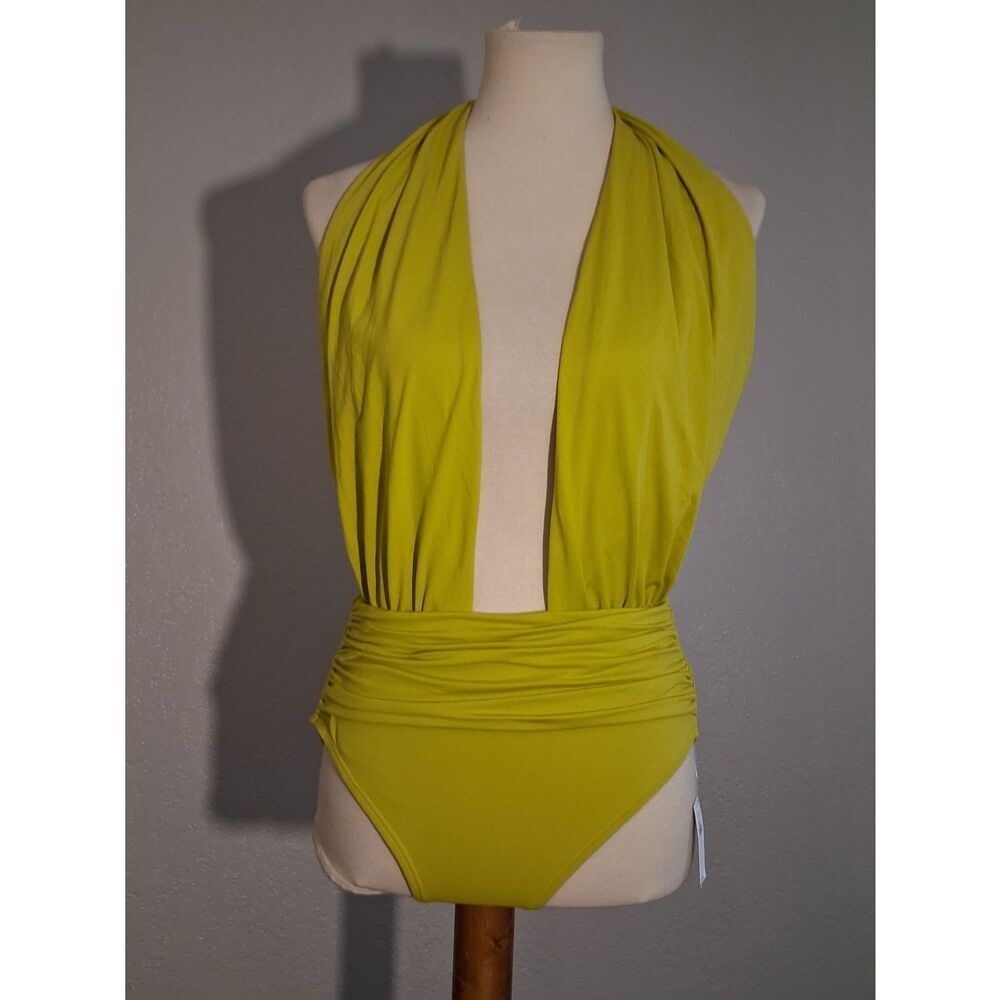 Plunging Halter One-Piece Swimsuit in Chartreuse